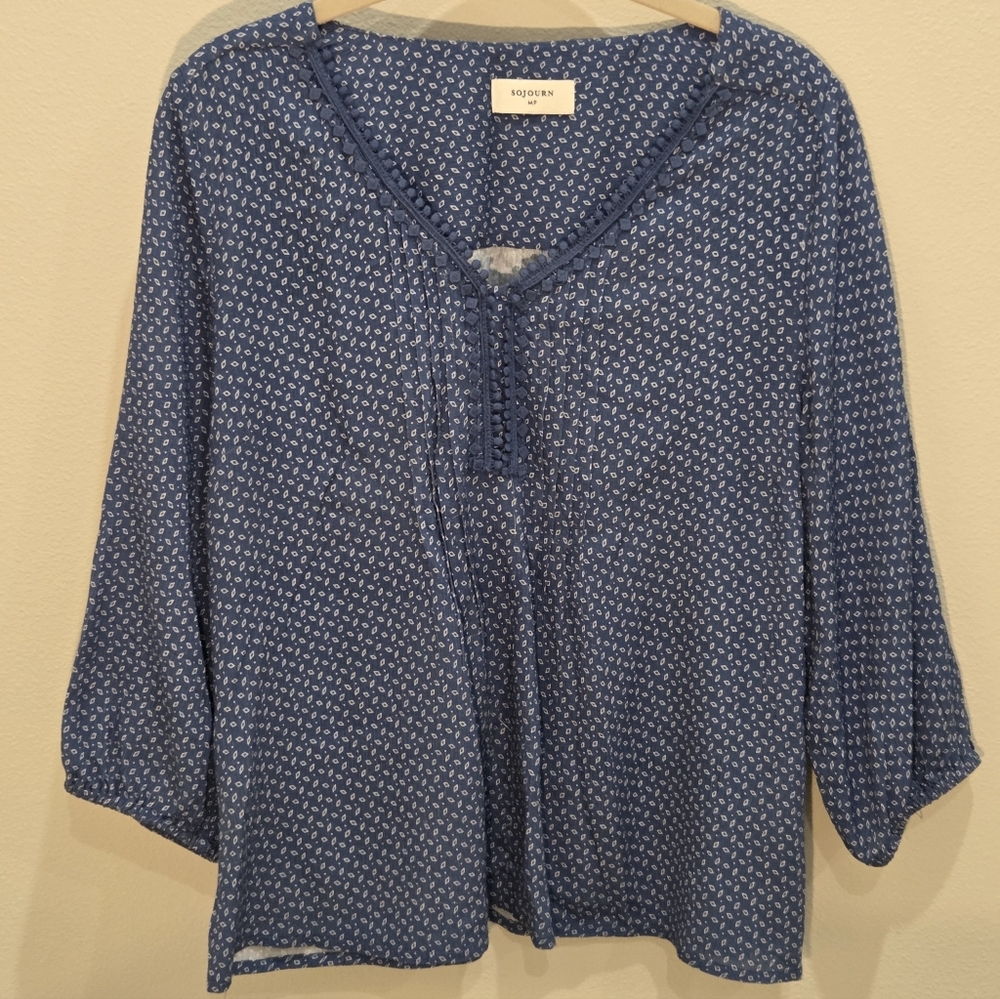 Sojourn Deep Ocean Blue Boho Printed V-Neck Top - Picture 2 of 4